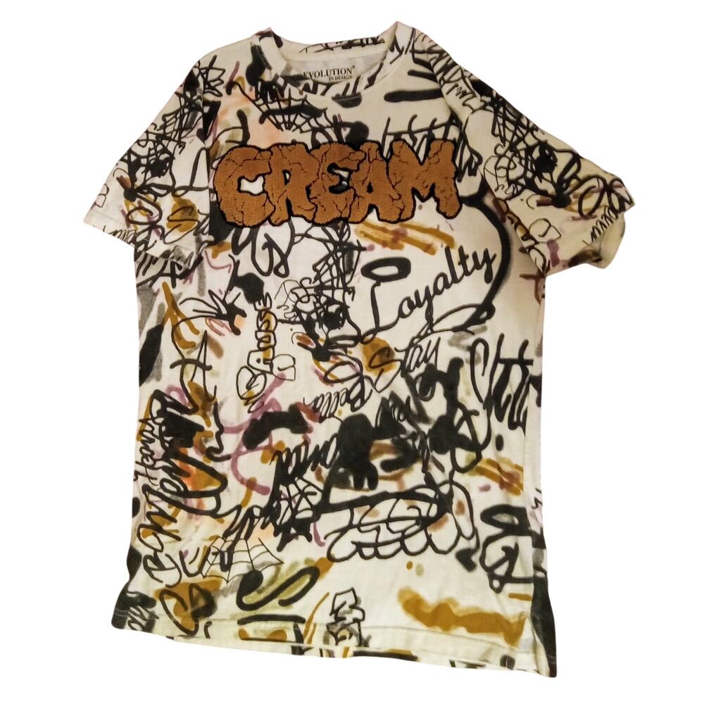 Evolution In Design Graffiti Fuzzy CREAM Graphic T-Shirt Cream Streetwear SZ XL
